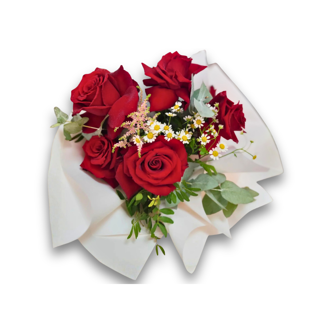 Buchet cu 5 trandafiri roșii proaspeți, ambalat elegant, cadou romantic pentru aniversări și ocazii speciale în Botoșani.